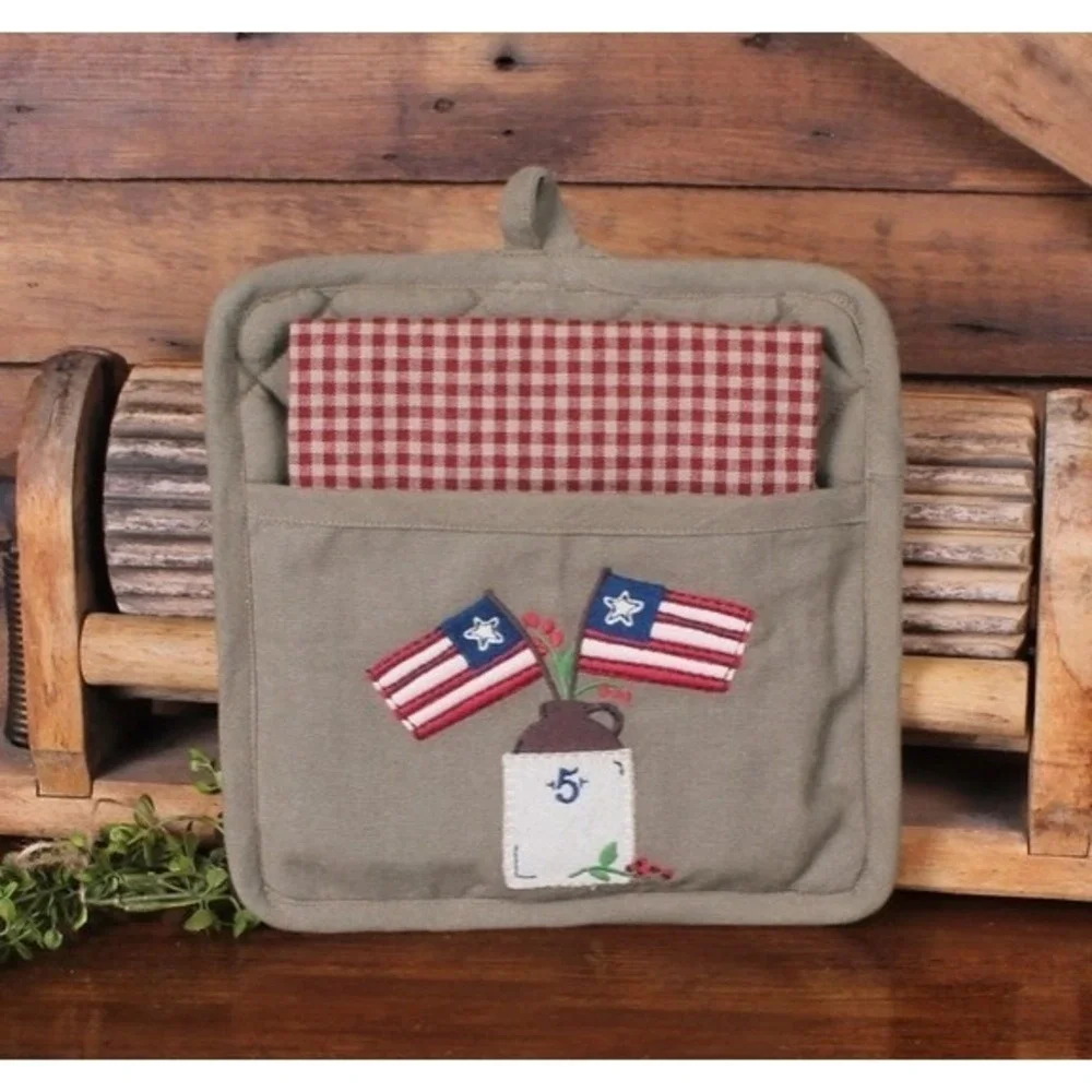 Primitive American Flag & Crock Pocket Potholder & Linen Towel‎ Set New
